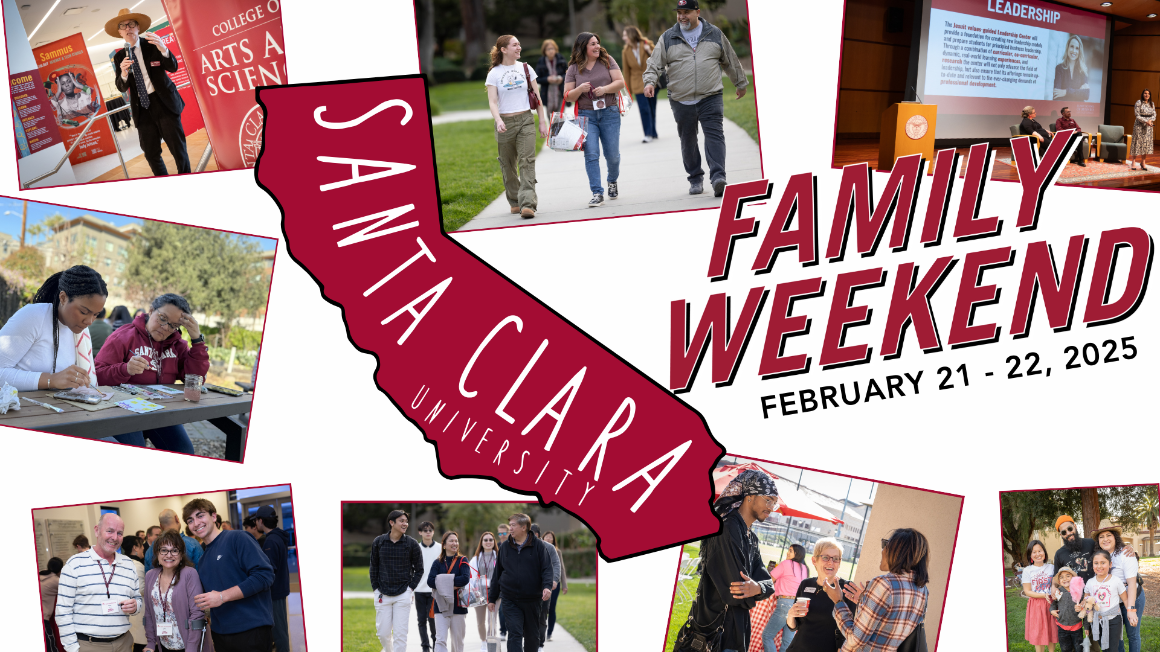 a decorative postcard listing that Family Weekend takes place February 21-22, 2025